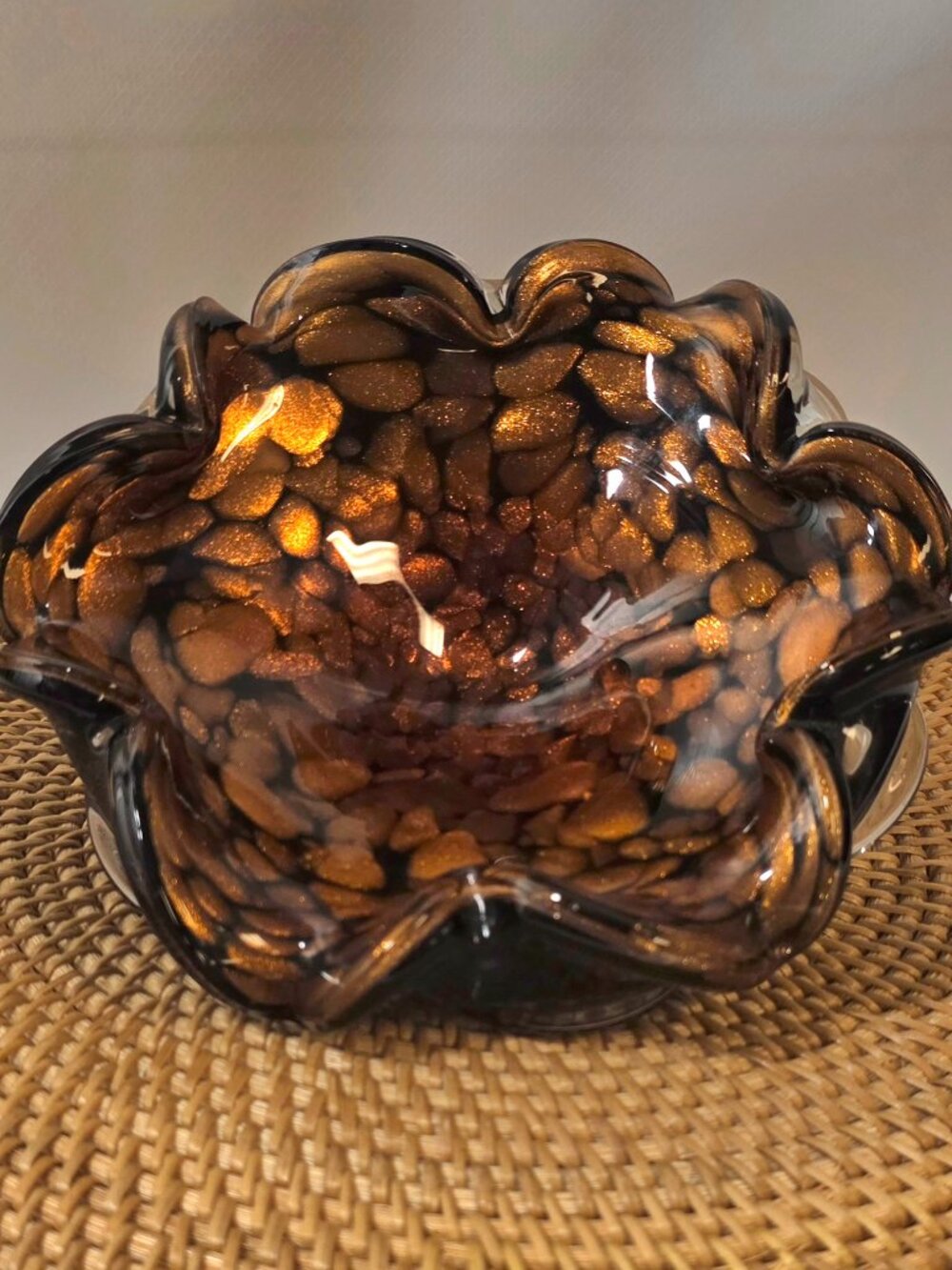 Vtg Murano Glass Gold Aventurine Tortoiseshell Ruffle Bowl Aventurine Aventurine